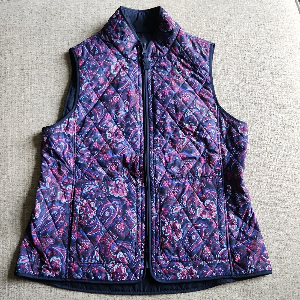 TALBOTS PETITES Reversible Vest.Floral Quilted Women's  Revers Is Navy.